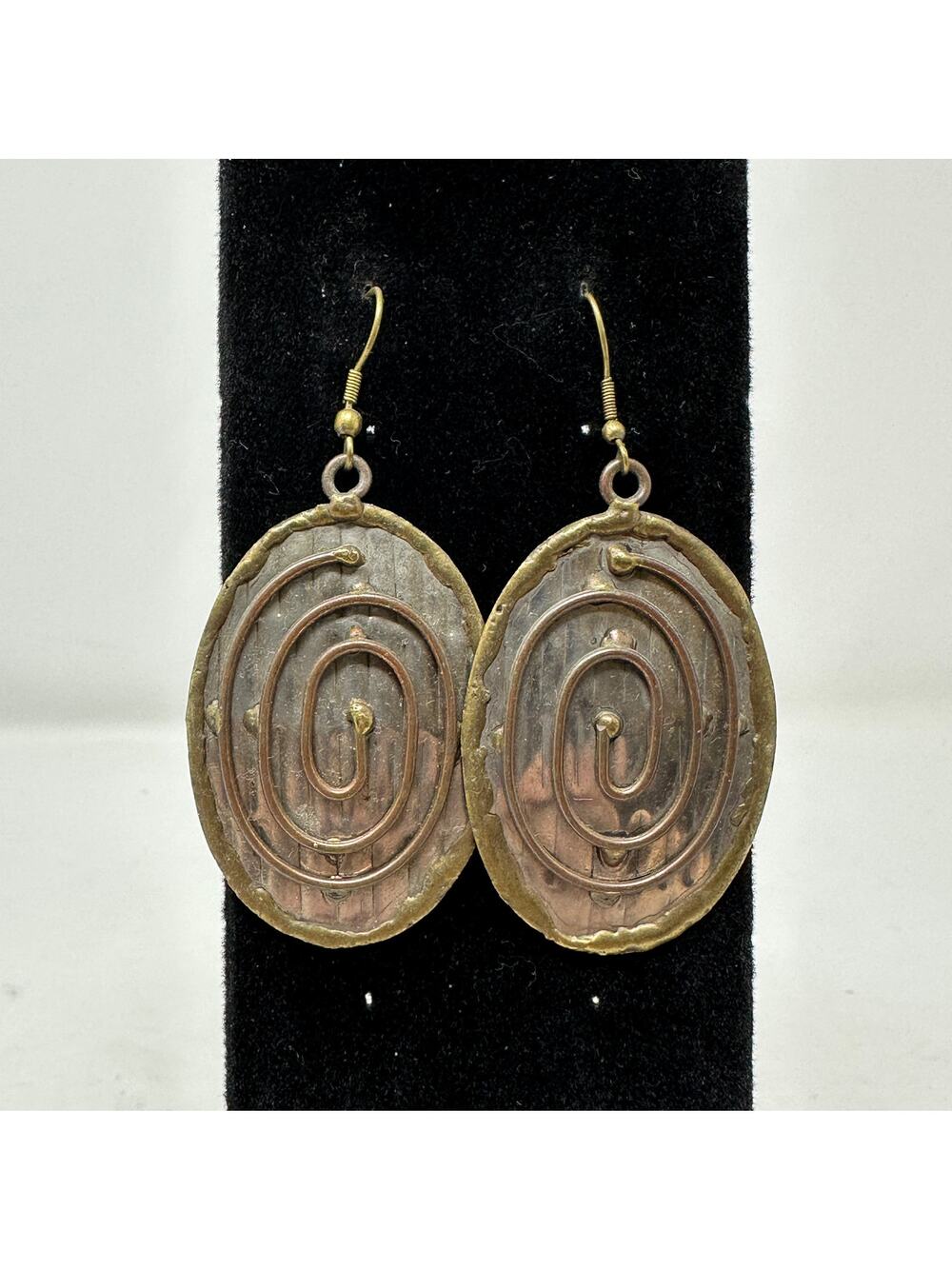 Vintage Silver Tone Metal + Brass Spiral Drop Earrings Ovals